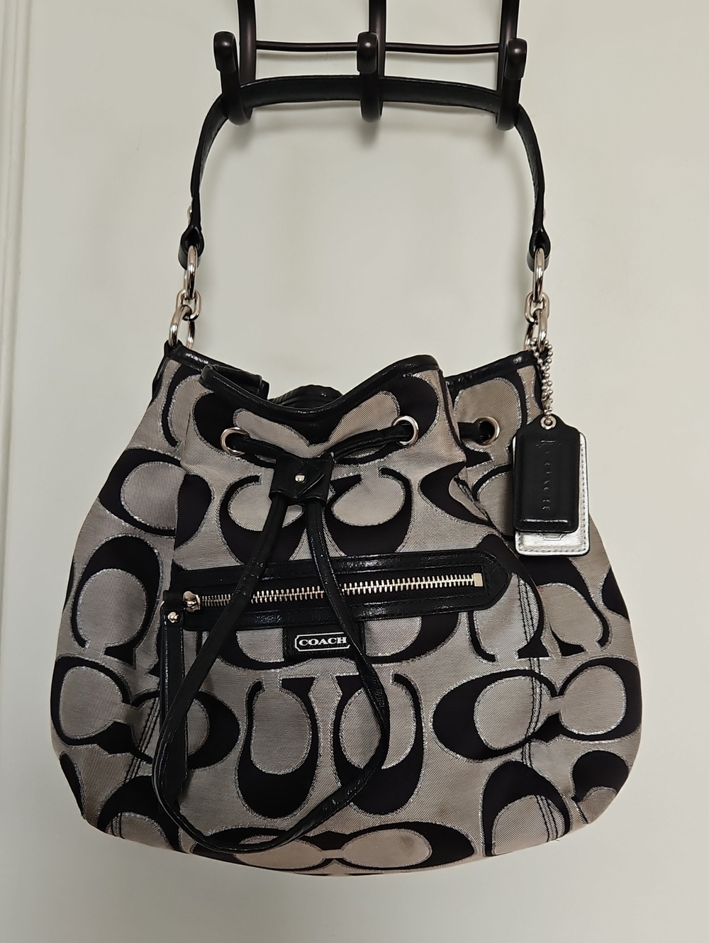 Coach Daisy Signature Outline C Drawstring Bucket Bag in Black and Gray
